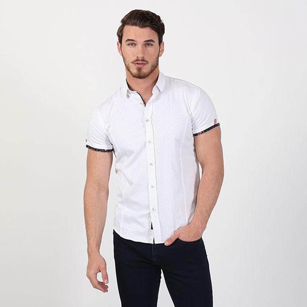 Men's slim fit white button up collar short sleeve dress shirt navy polka dot with floral trim
