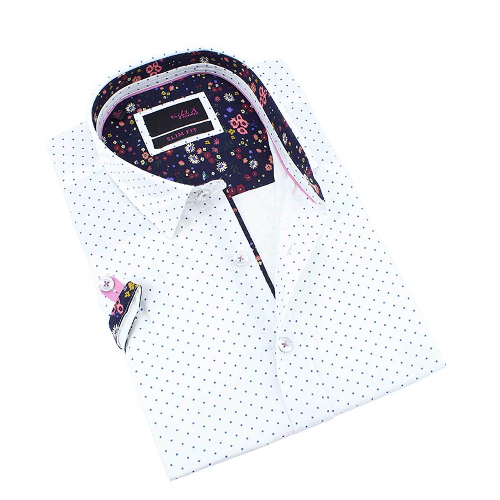 Men's slim fit white button up collar short sleeve dress shirt navy polka dot with floral trim