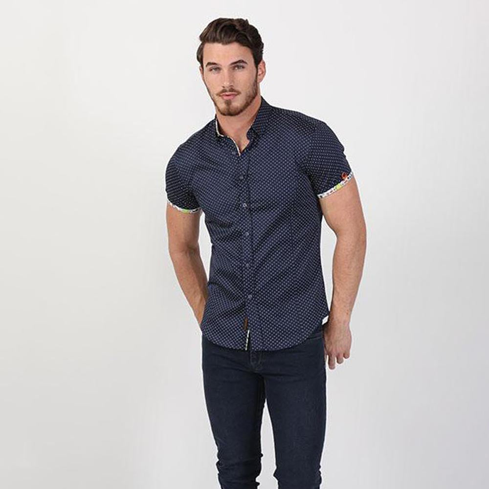 Navy Dot Print Short Sleeve Shirt Short Sleeve Button Down EightX   