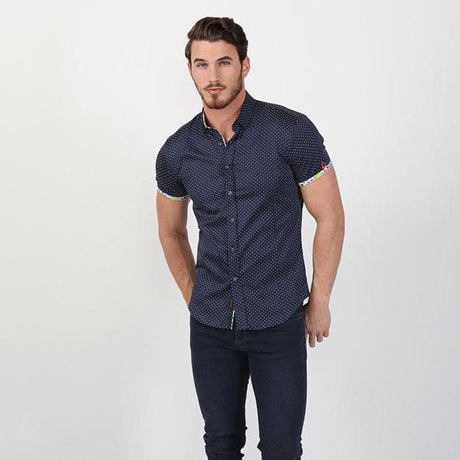 Navy short sleeve button up hotsell