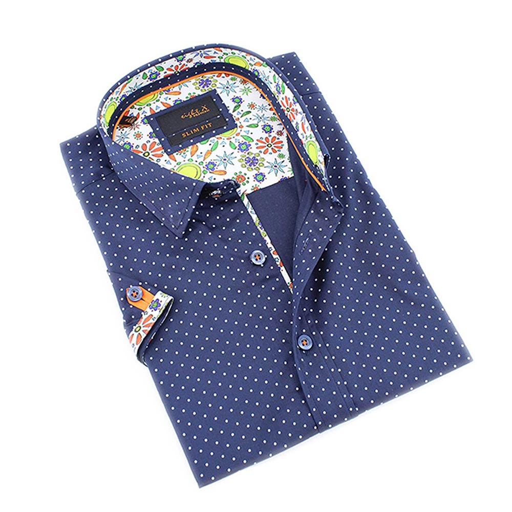 Men's slim fit navy blue button up collar dress shirt with polka dot colorful print trim