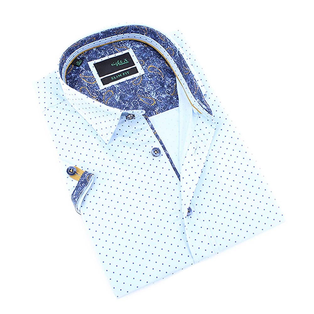 Men's slim fit blue button up dress collar blue polka dot shirt with paisley print trim