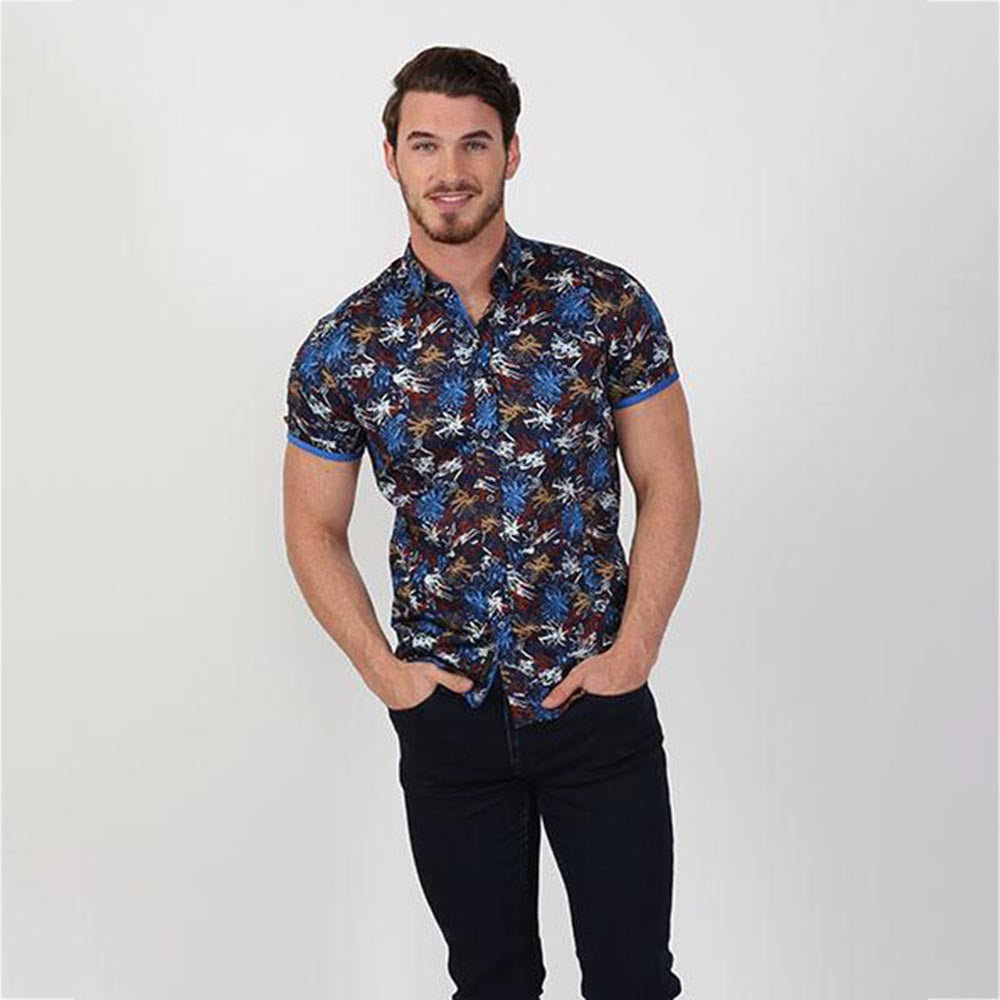 Navy Blue 90's retro scribble print short sleeve slim fit button up with collar and contrasting trims