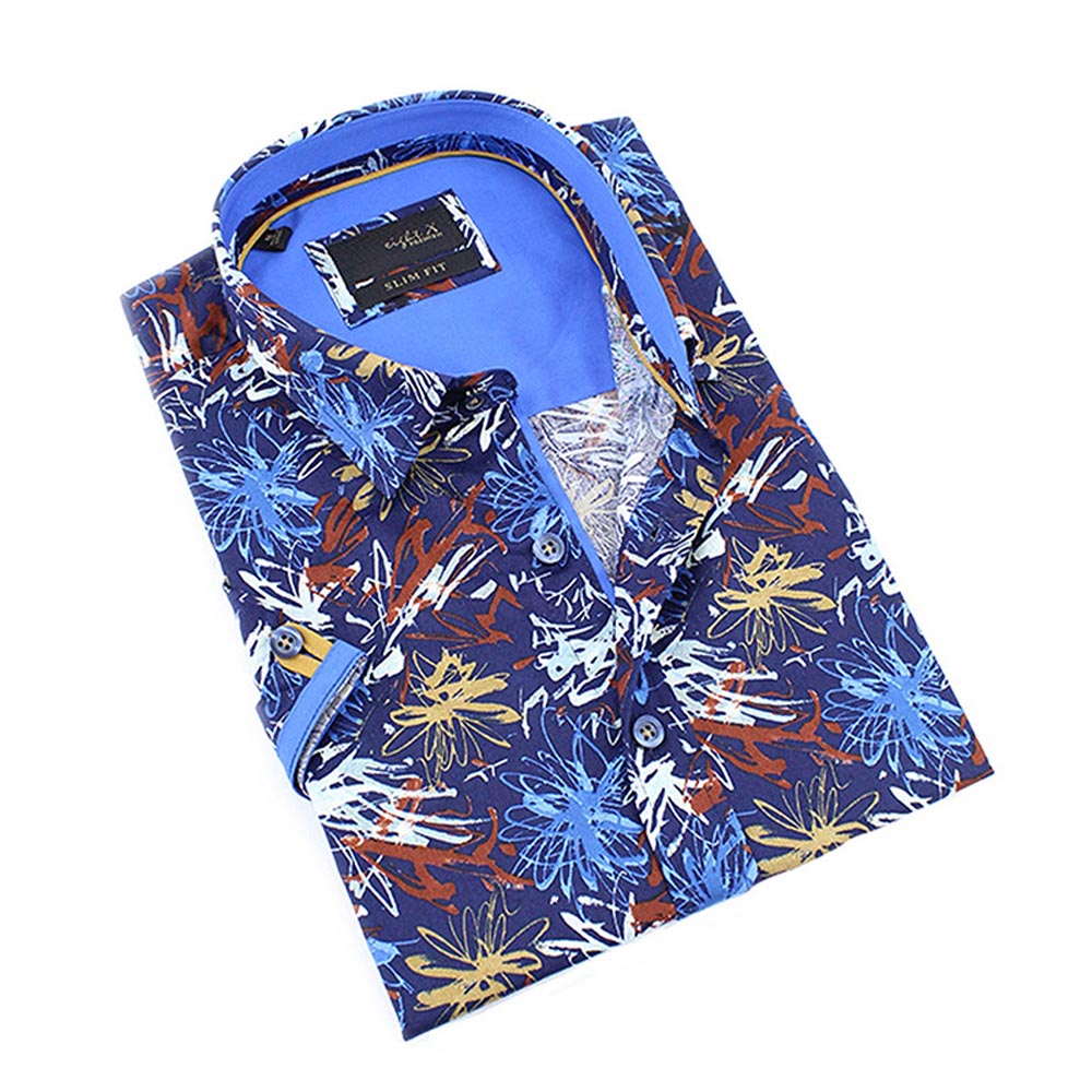 Navy Blue 90's retro scribble print short sleeve slim fit button up with collar and contrasting trims