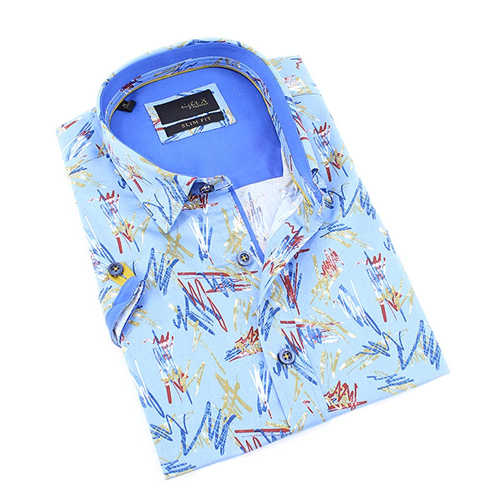 Blue Retro Print Short Sleeve Shirt Short Sleeve Button Down EightX BLUE S 