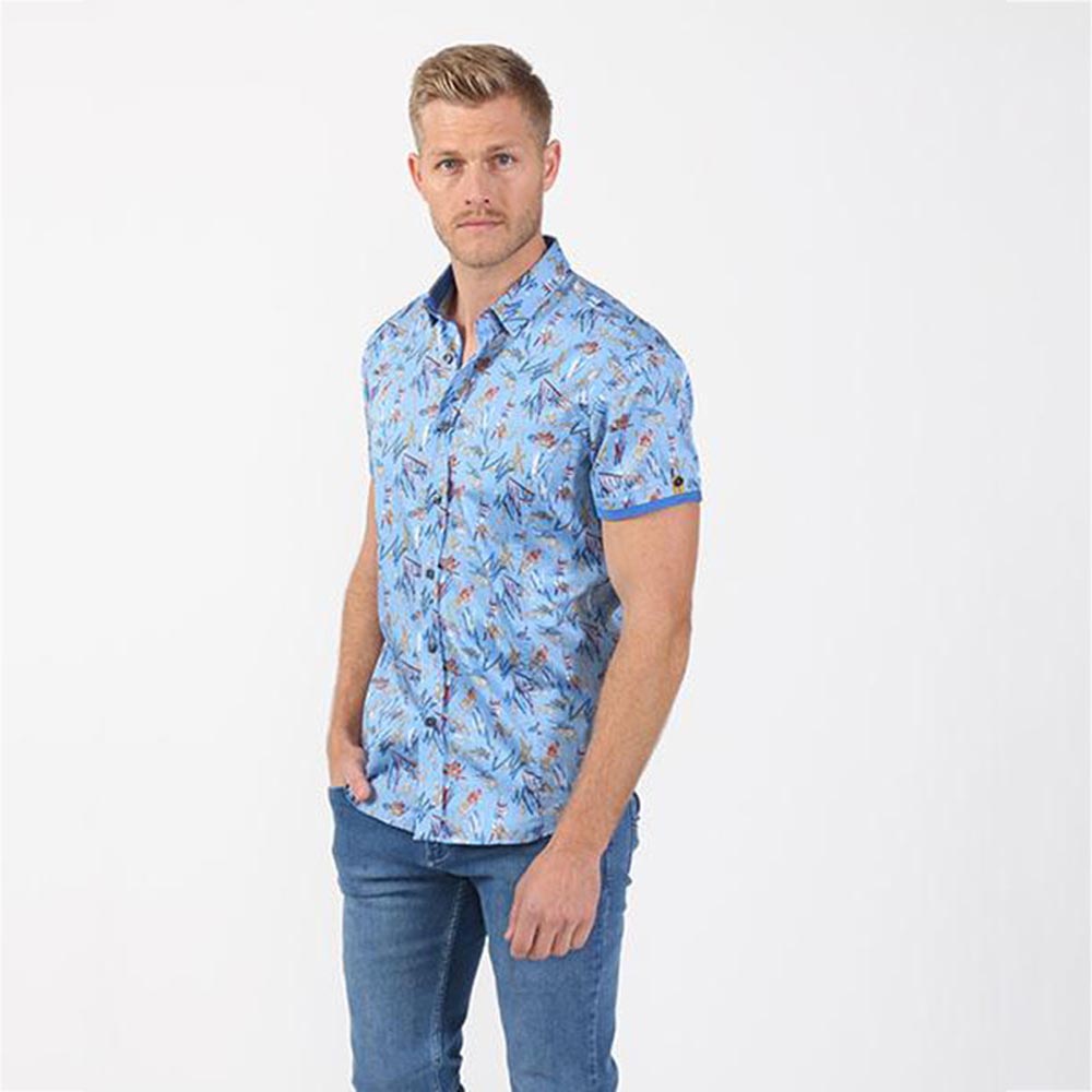 Light blue 90's retro scribble print short sleeve slim fit button up with collar and contrasting trims