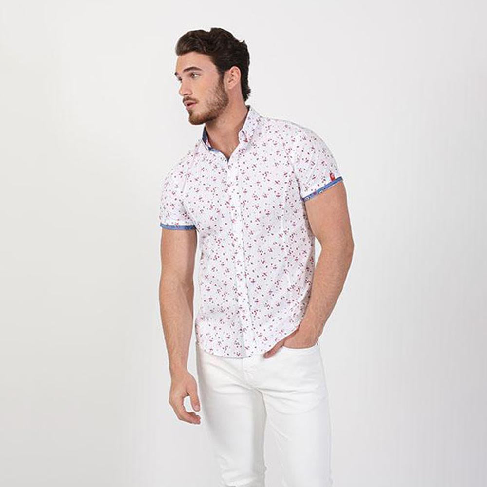 Men's slim fit shirt red flower print  white button up collar dress blue print trim