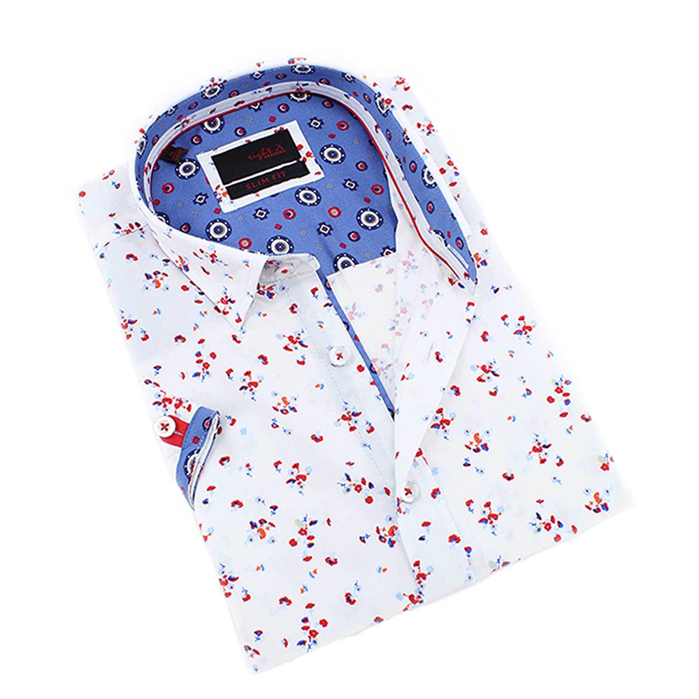 Men's slim fit shirt red flower print  white button up collar dress  blue print trim