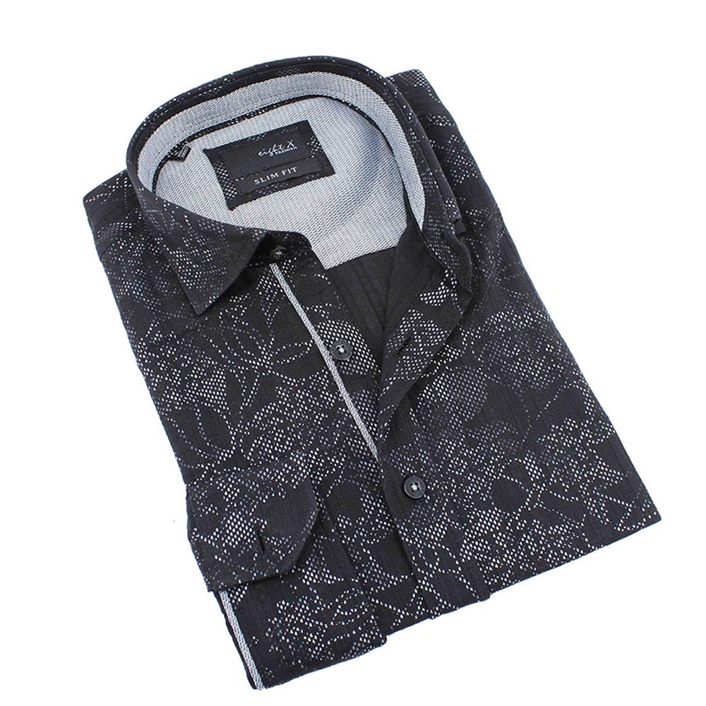 Men's slim fit black digital print design collar button up dress shirt with gray trim