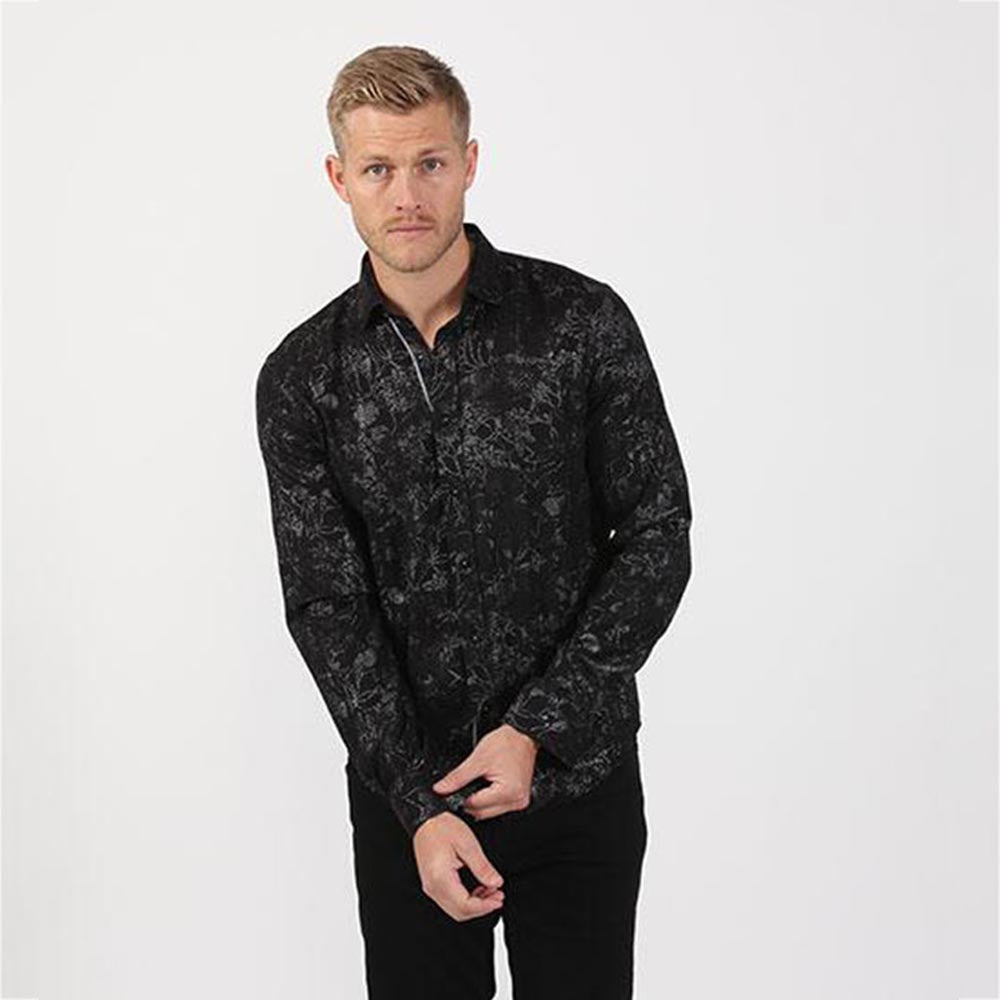 Men's slim fit black digital print design collar button up dress shirt with gray trim