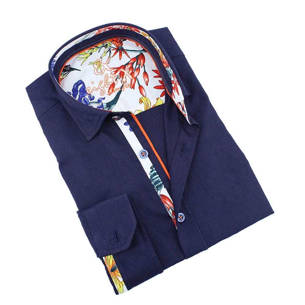 Navy Jacquard Button Down Shirt With Floral Trim Long Sleeve Button Down EightX NAVY S 