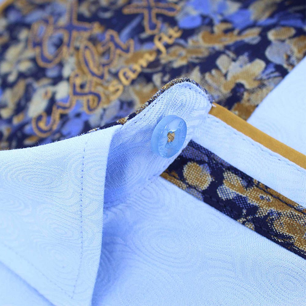 Men's slim fit light blue floral trim collar button up dress shirt