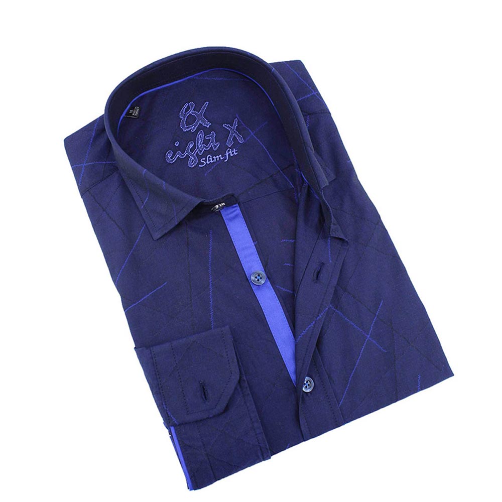 Men's slim fit navy button up collar dress shirt with blue trim