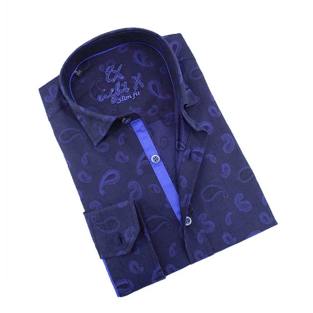 Navy Button Down Paisley Jacquard Shirt Long Sleeve Button Down EightX NAVY S 