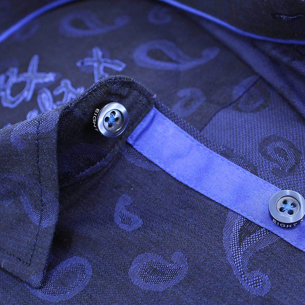 Men's slim fit navy paisley jacquard button up collar shirt with blue trim