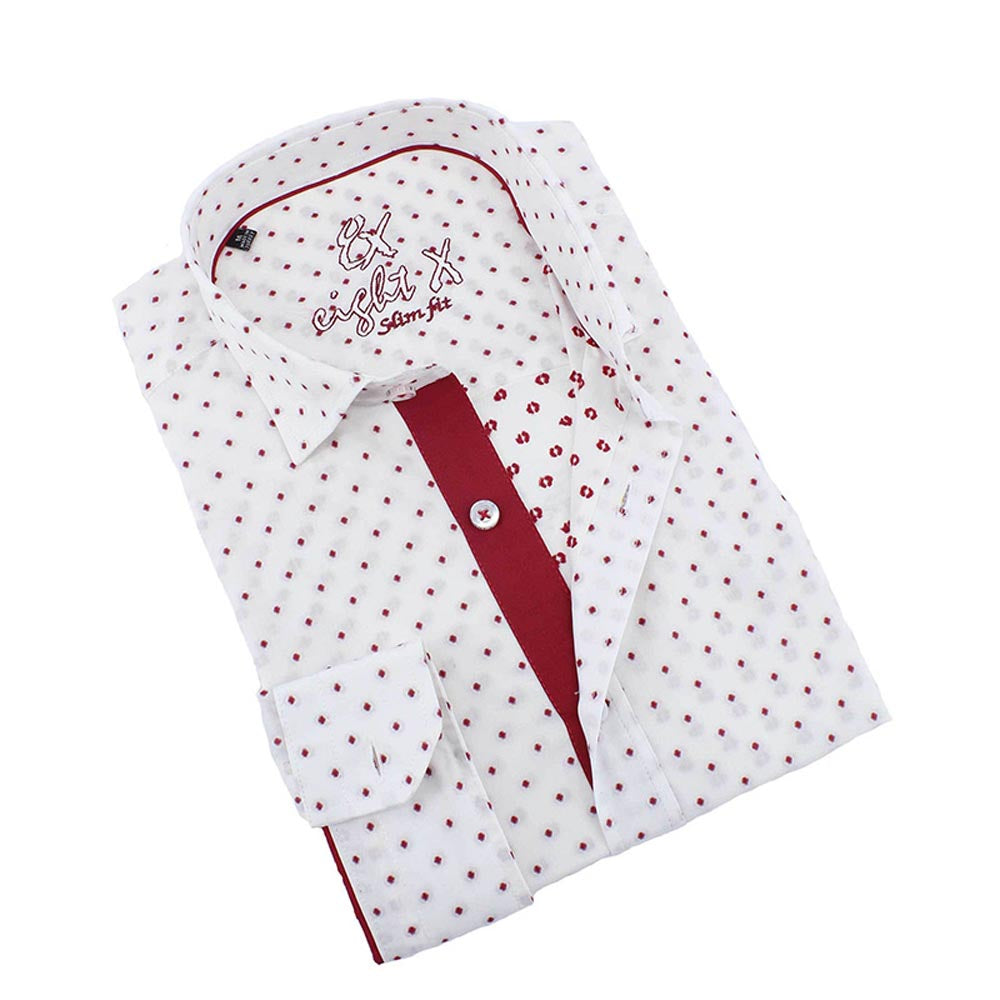 Men's slim fit white collar dress button up bordeux polka dot fil coupe shirt