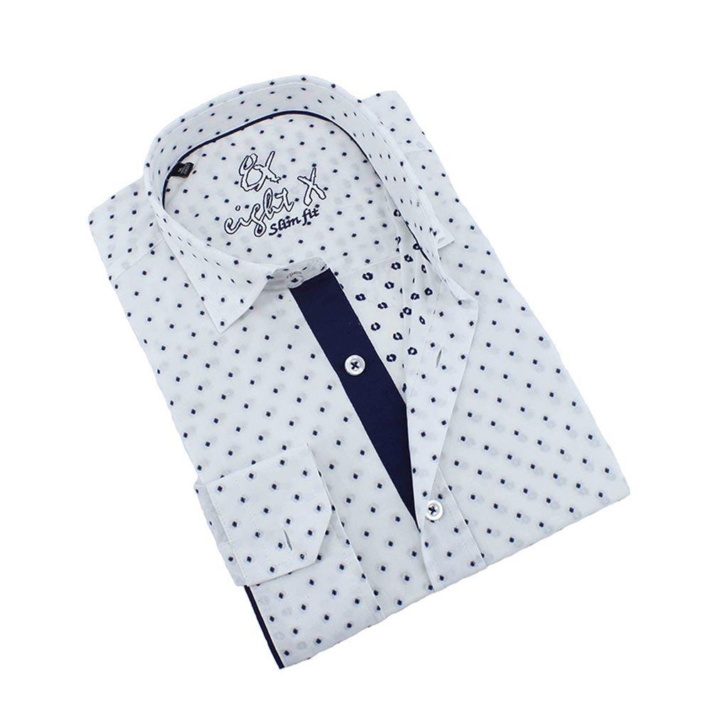 Eight-X | Designer Dress Shirts | Navy Blue Polka Dot Print Fil Coupé Shirt Navy / 3XL