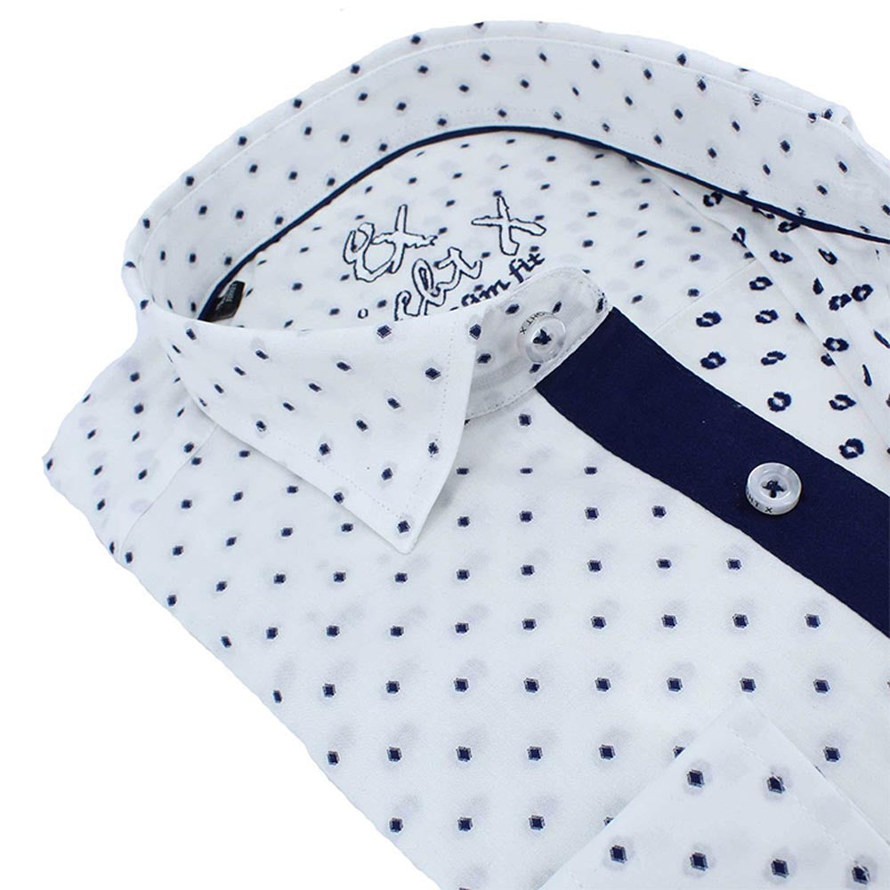 Men's white slim fit fil coupe button up collar shirt with navy polka and navy trim