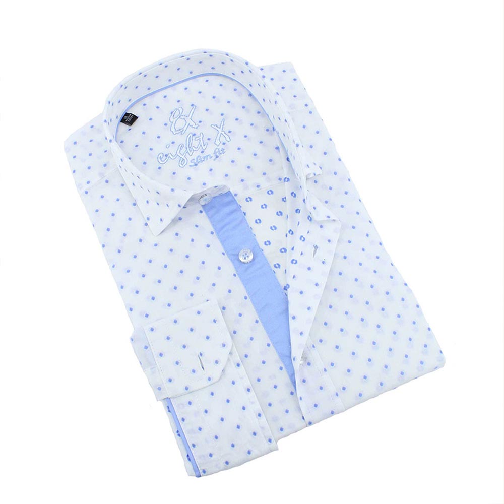 Blue Dot Print Fil Coupé Button Down Shirt Long Sleeve Button Down EightX BLUE S 