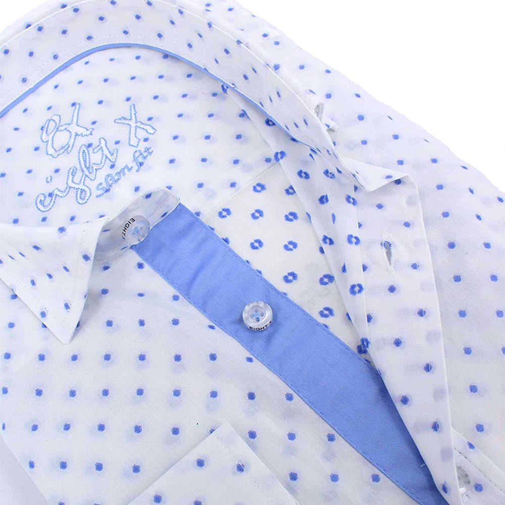 Blue Dot Print Fil Coupé Button Down Shirt Long Sleeve Button Down EightX   