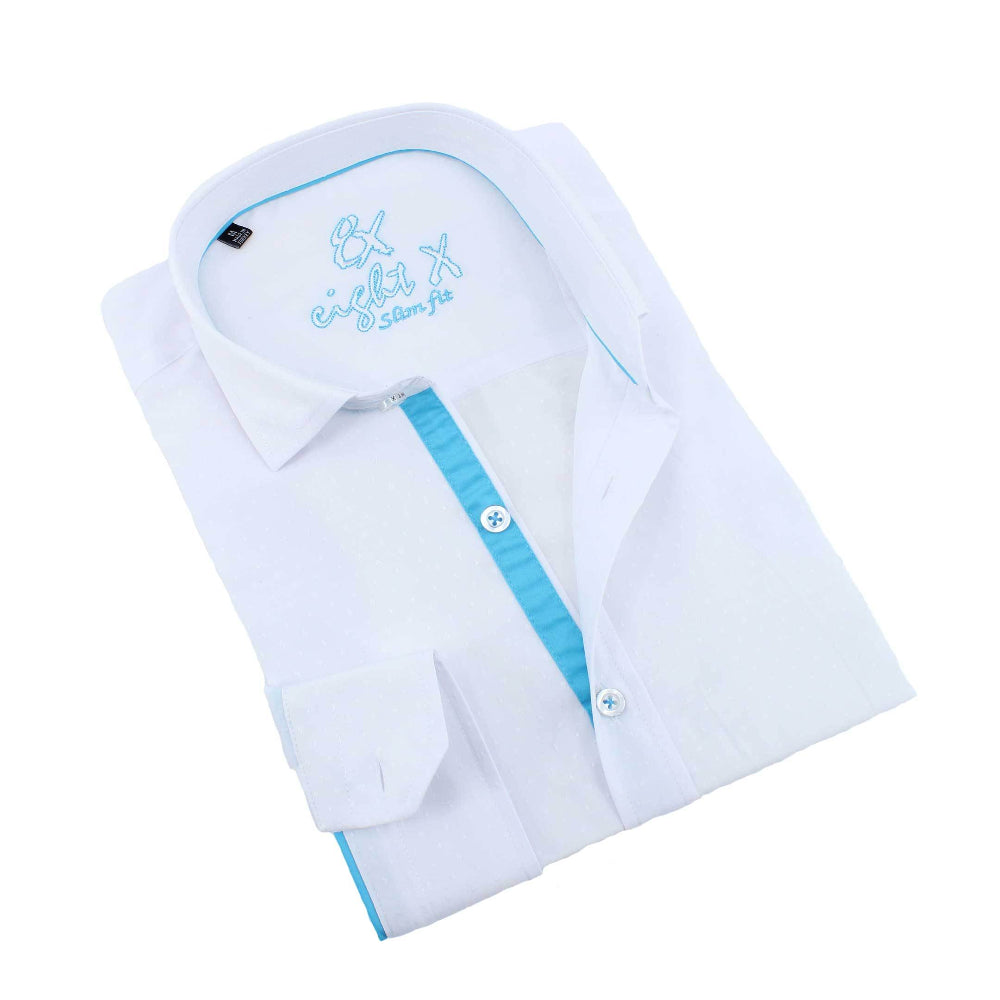 Men's White slim fit dress button down shirt with blue trim