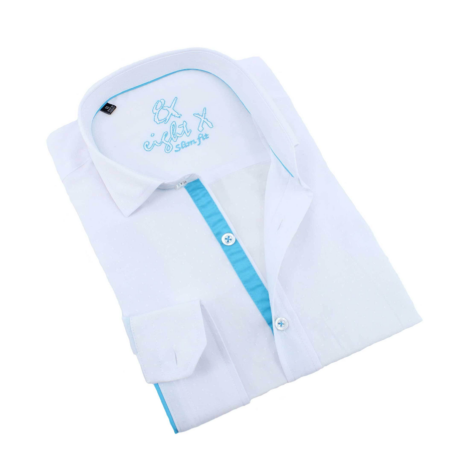 Eight-X | Designer Dress Shirts | White Jacquard Print Shirt With Blue Trim White / S Eight-X | Designer Dress Shirts | White Jacquard Print Shirt With Blue Trim White / S