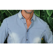 Pattern Light Stone Wash Denim Jacquard Button Down Shirt Long Sleeve Button Down EightX   