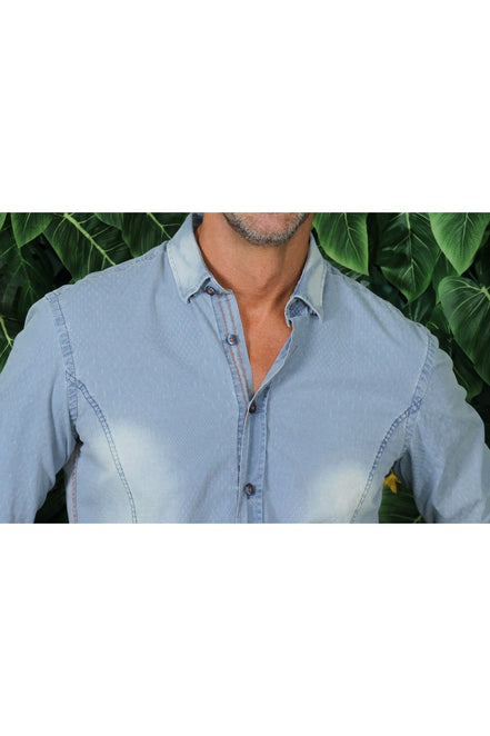 Pattern Light Stone Wash Denim Jacquard Button Down Shirt Long Sleeve Button Down EightX   