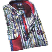 Flowers And Stripes Button Down Shirt W/Trim Long Sleeve Button Down EightX GREEN S 