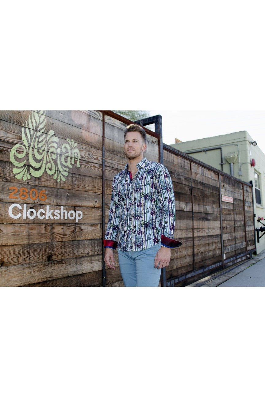 floral & stripe dress shirts Embroidered Floral Stripe Shirt in GREY