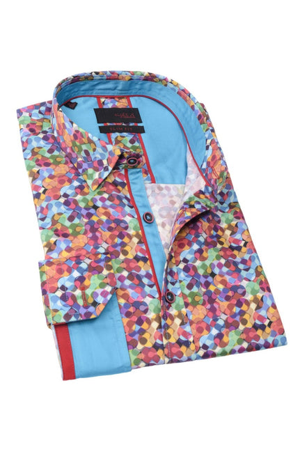 Multi Color Dots Design Button Down Shirt W/ Trim Long Sleeve Button Down EightX MULTI S 