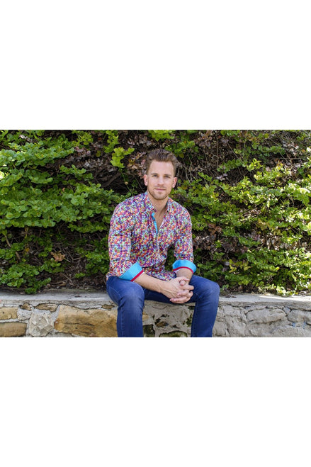 Multi Color Dots Design Button Down Shirt W/ Trim Long Sleeve Button Down EightX   