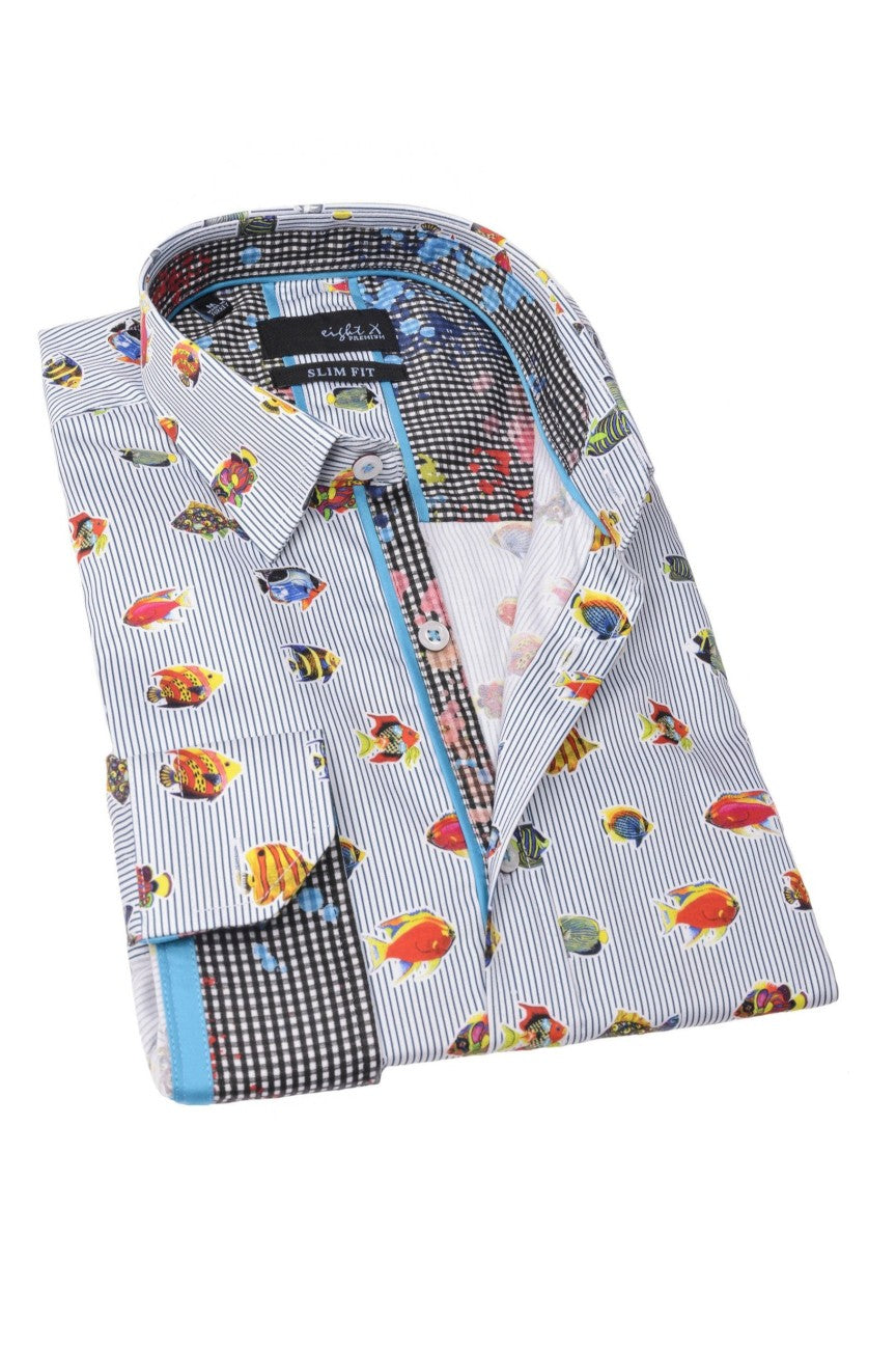 Stripe Button Down Shirt W/ Tropical Fish