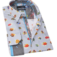 Stripe Button Down Shirt W/ Tropical Fish Long Sleeve Button Down EightX WHITE S 