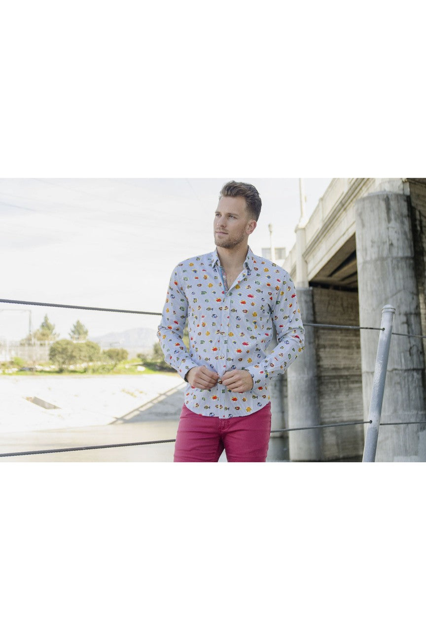 dress shirt with fish on it Sara Fitz Classic Shirt Dress Blue Fish Cotton Midi