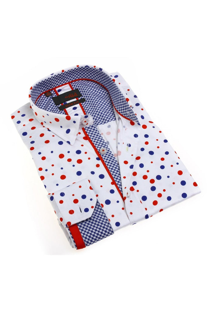 Red White Blue Polka Dots Button Down Shirt Long Sleeve Button Down EightX WHITE S 