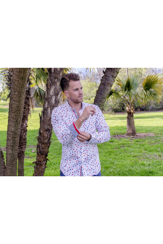 Red White Blue Polka Dots Button Down Shirt Long Sleeve Button Down EightX   