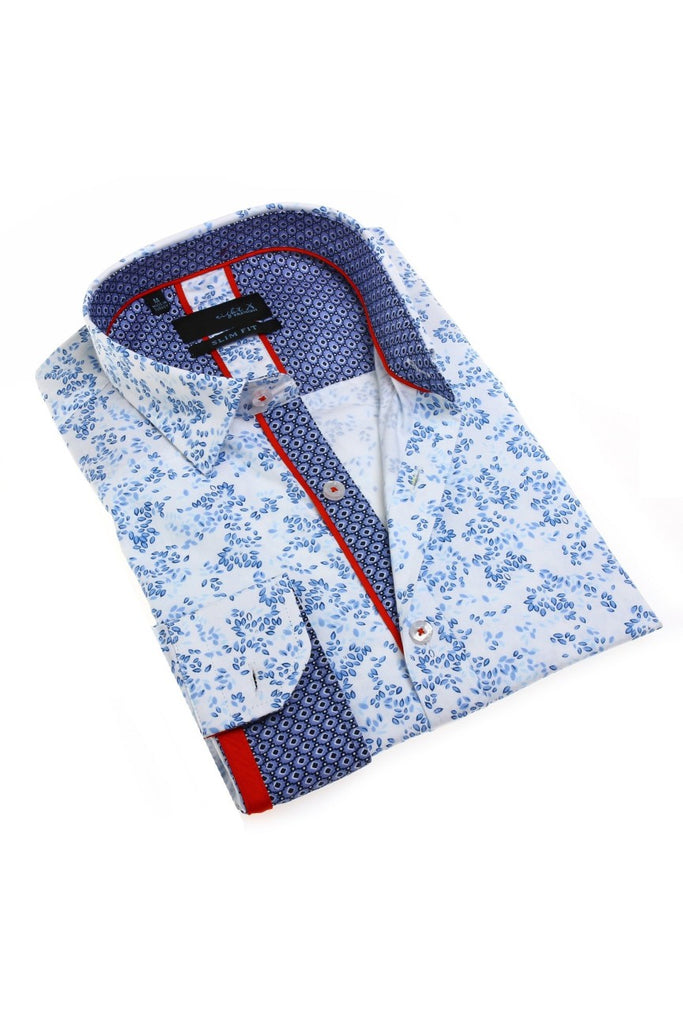 Blue Floral Button Down Shirt W/Trim Long Sleeve Button Down EightX BLUE S 