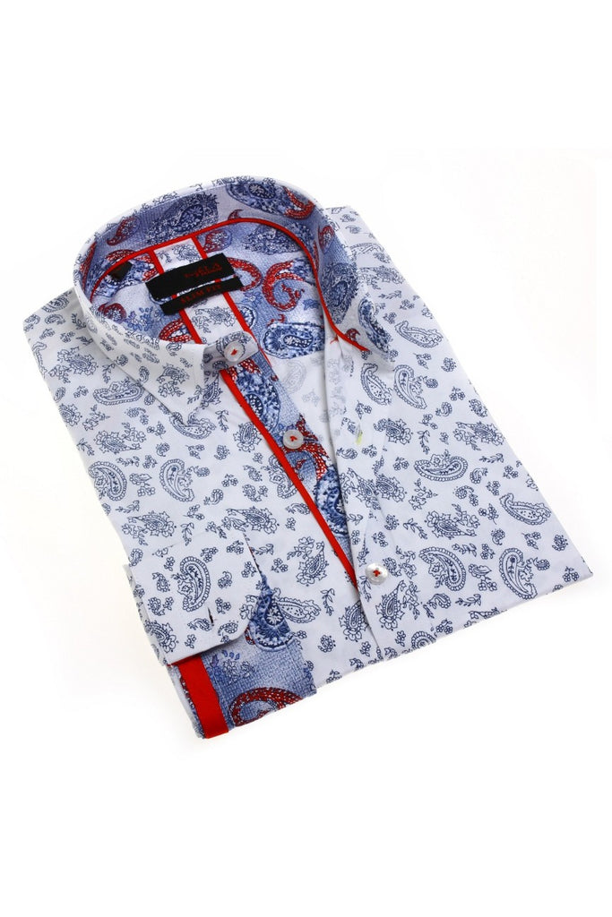 Light Paisley Button Down Shirt W/Trim Long Sleeve Button Down EightX WHITE S 