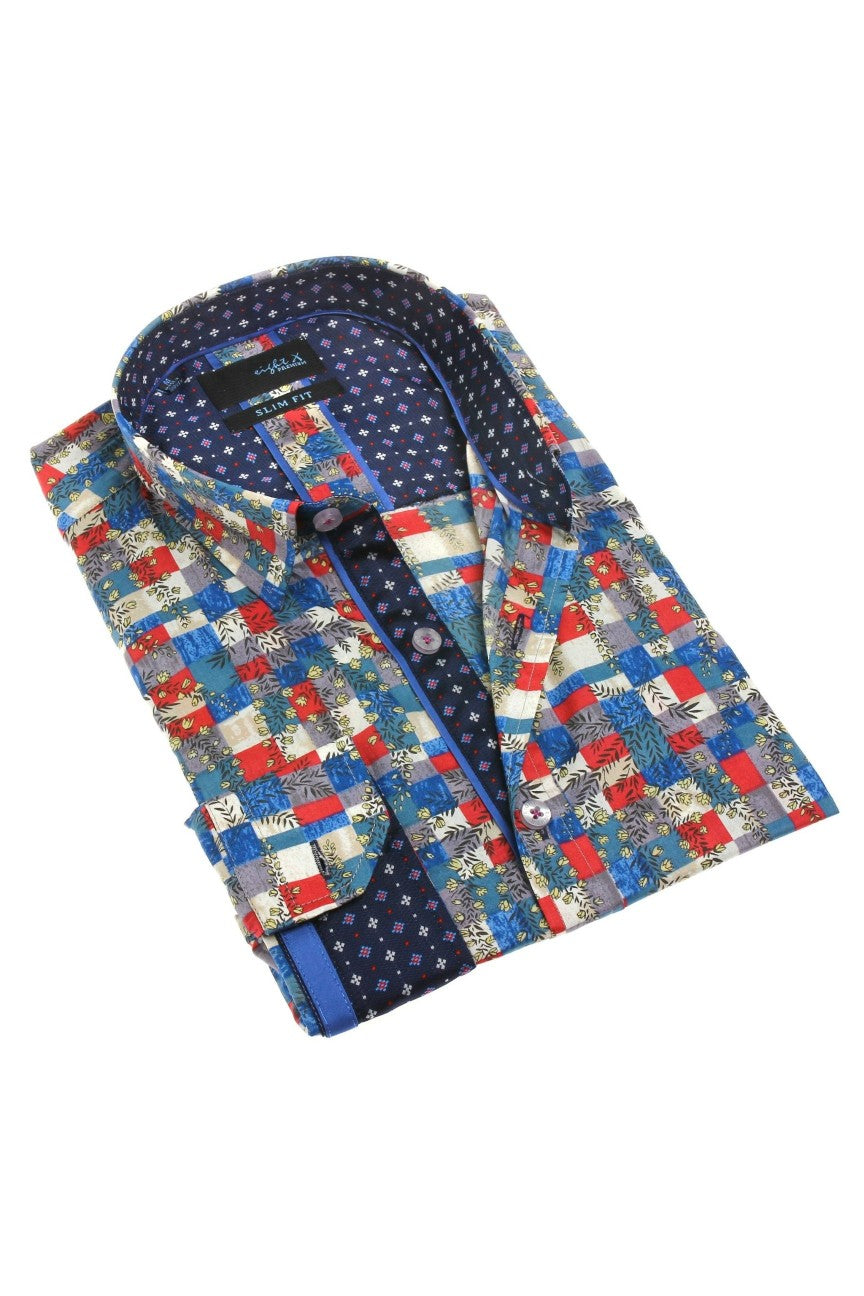 Eight-X | Designer Dress Shirts | Navy Print Shirt With Trim MULTI / M Eight-X | Designer Dress Shirts | Navy Print Shirt With Trim MULTI / M