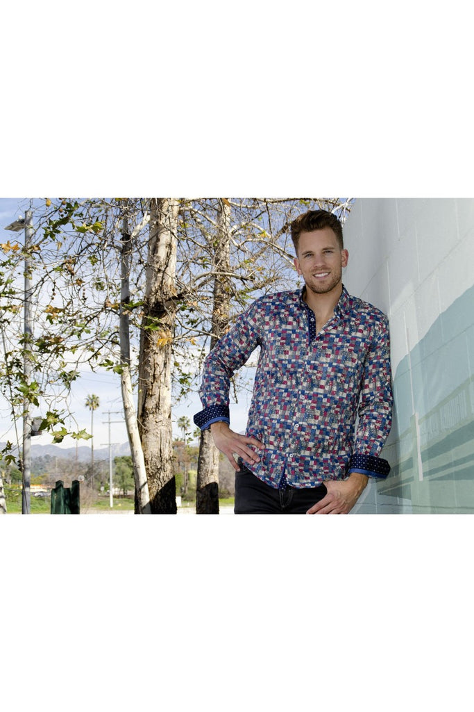 Color Tiles Button Down Shirt W/Trim Long Sleeve Button Down EightX   