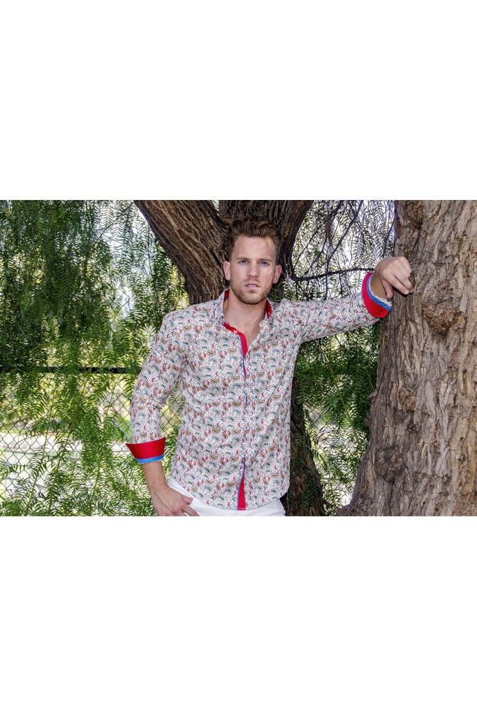 Multi Color Paisley  Button Down Shirt W/Red Trim Long Sleeve Button Down EightX   