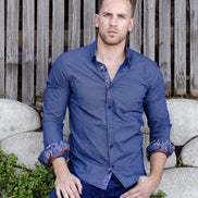 Navy Button Down Shirt W/Trim Long Sleeve Button Down EightX   