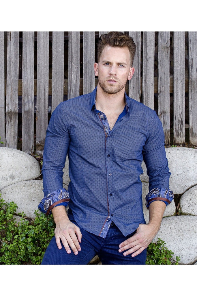 Navy Button Down Shirt W/Trim Long Sleeve Button Down EightX   