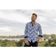 Navy Paisley Button Down Shirt W/Accent Trim Long Sleeve Button Down EightX   
