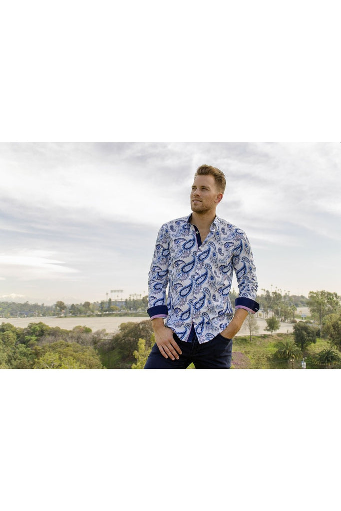 Navy Paisley Button Down Shirt W/Accent Trim Long Sleeve Button Down EightX   