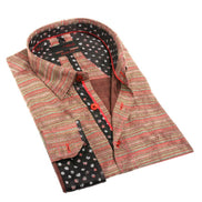 Brown Knit Style Button Down Shirt W/Contrasting Trim Long Sleeve Button Down EightX BROWN S 