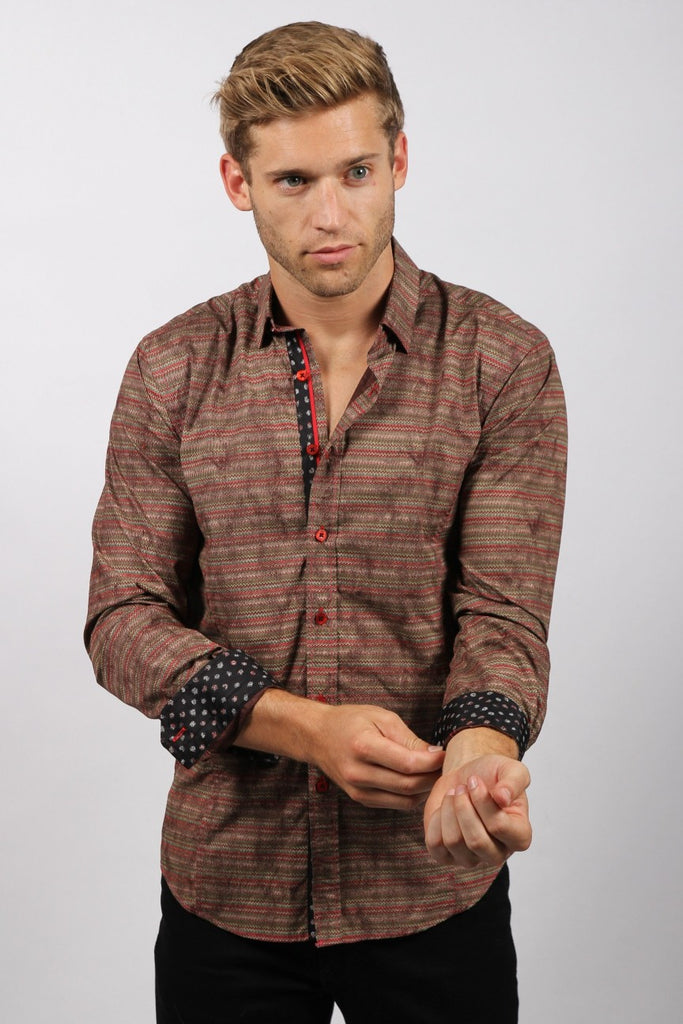 Brown Knit Style Button Down Shirt W/Contrasting Trim Long Sleeve Button Down EightX   