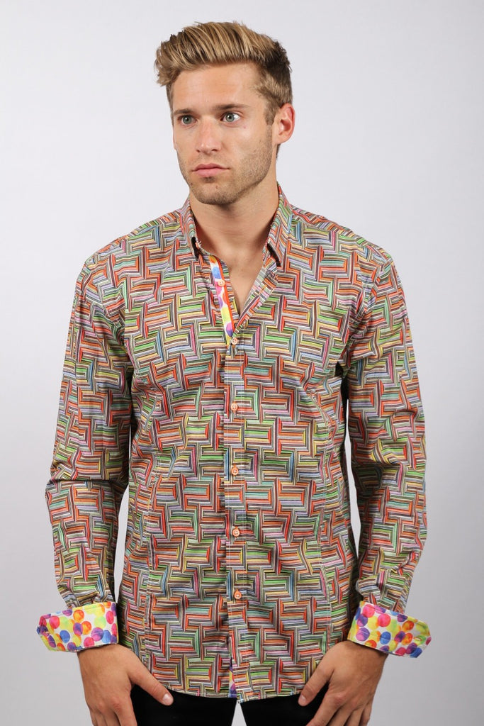 Multi Color Pattern Button Down Print Shirt Long Sleeve Button Down EightX   