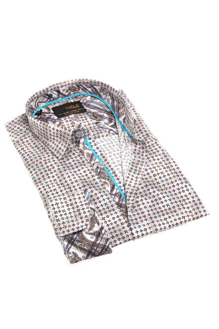 Button Down Print Shirt W/ Paisley Trim Long Sleeve Button Down EightX GREY S 